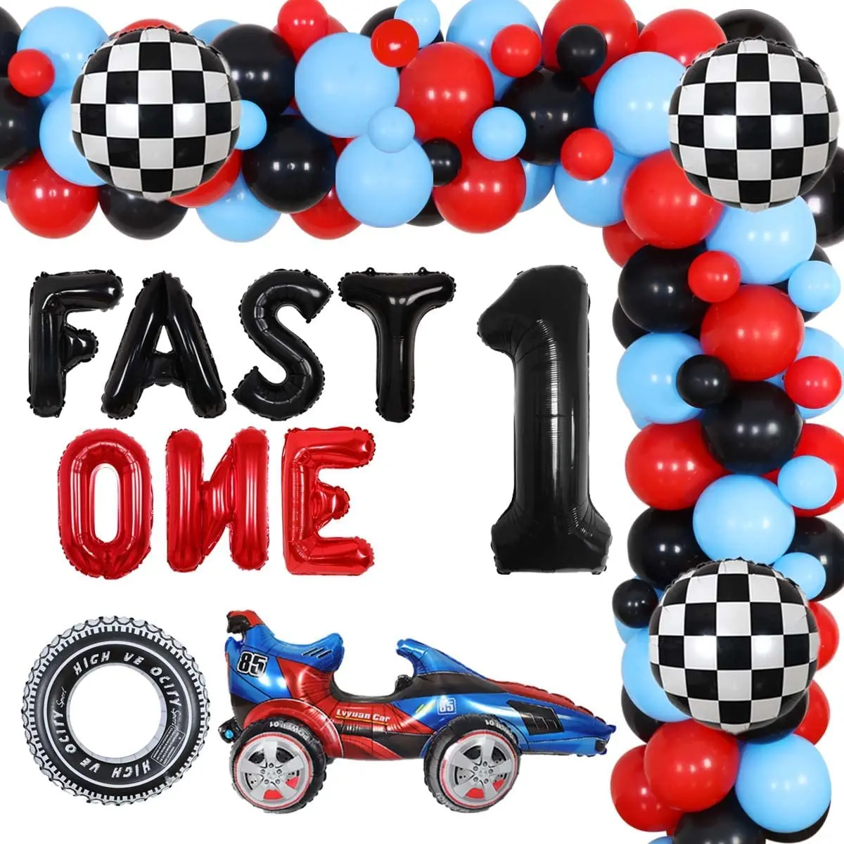 

Race Car 1st Birthday Party Decorations for Boy, Checkered Flags, Fast One Balloon, Garland Kit, Let's Go Racing Supplies