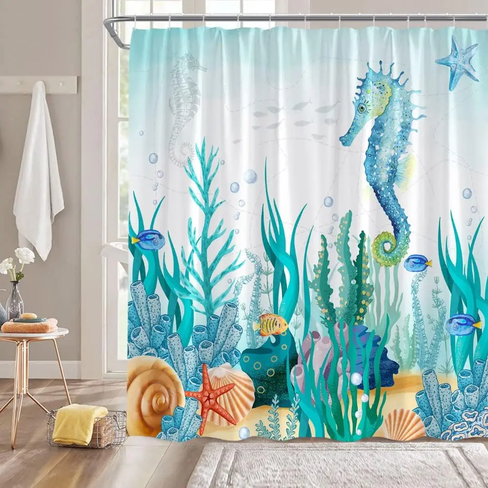 

Seahorse Shower Curtain Teal Ocean Animal Seahorse Coral Underwater Marine Life Watercolor Funny Nautical Bathroom Curtains Home