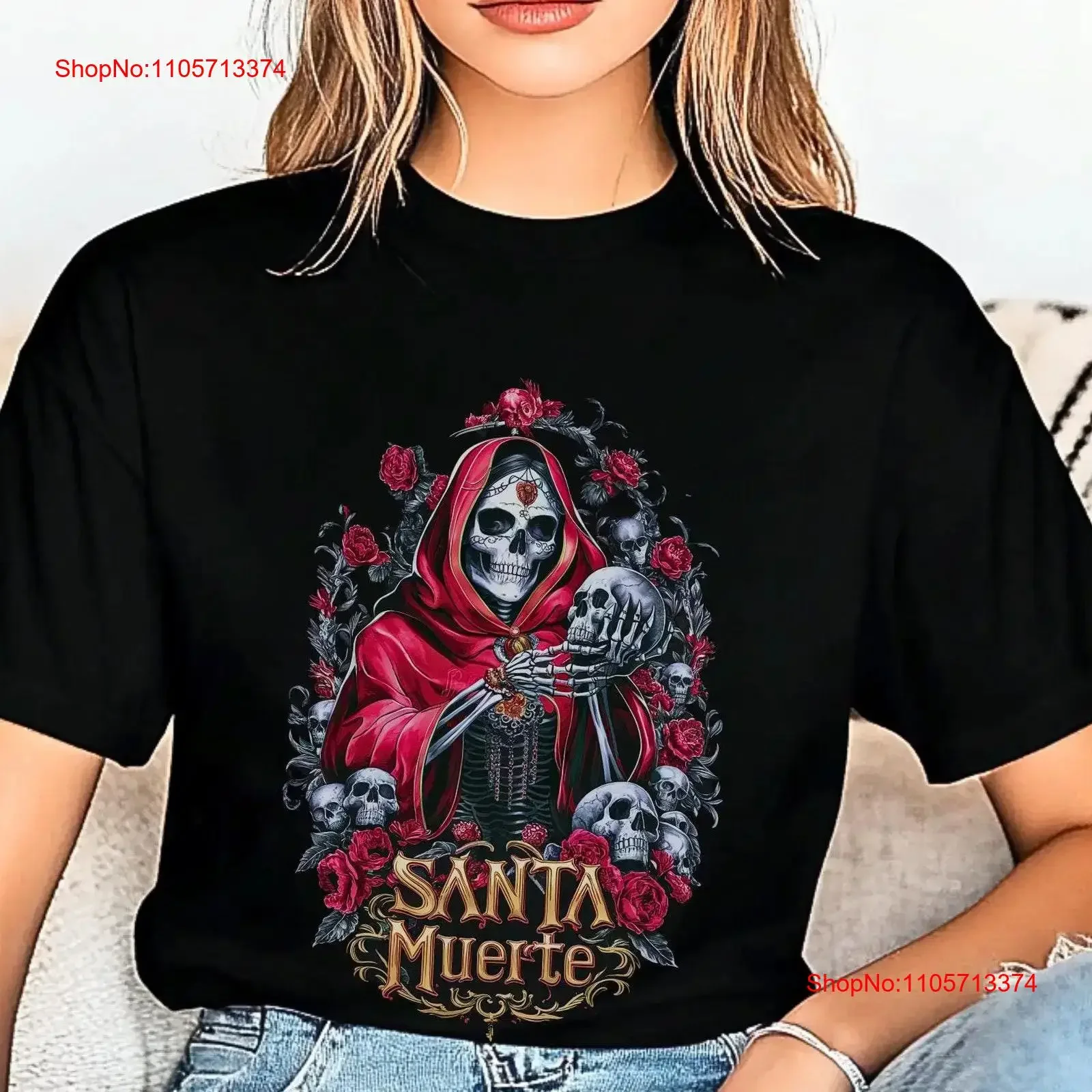 Santa Muerte T Shirt Holy Death Dark and Mystical Symbol of Strength Day The Dead For Her Macabre vintage Washed streetwear