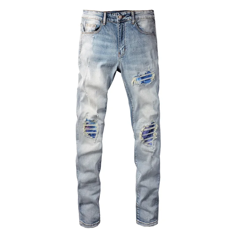 Men Patches Jeans Streetwear Light Blue High Stretch Denim Pants Ripped Distressed Skinny Tapered Trousers