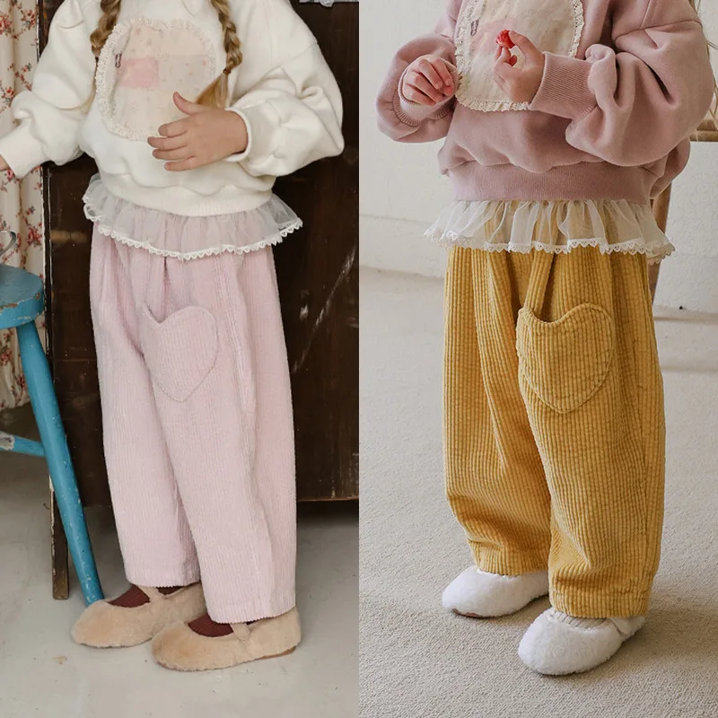 

2025 Autumn and Winter New Korean Children Girls Elegant and Cute Love Corduroy Wide Leg Casual Carrot Pants