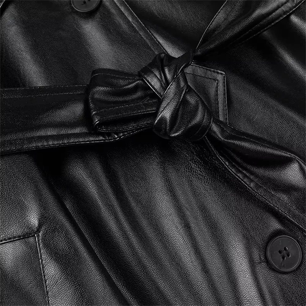 Autumn new product commuting high-end feeling with belt, black imitation leather loose long windbreaker jacket