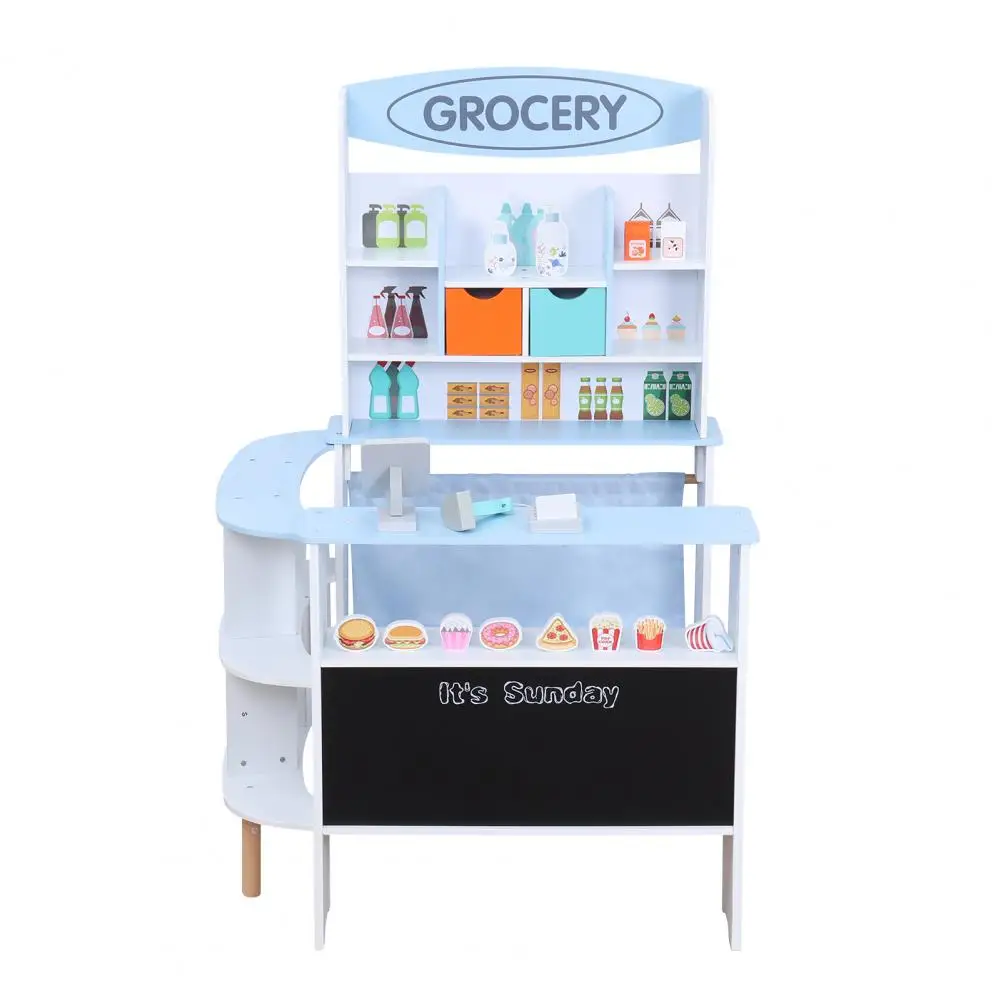 Tienda de comestibles de juguete, juego de tienda de comestibles para niños pequeños, supermercado de juego de simulación de madera con mostrador de caja, modelo de aperitivos