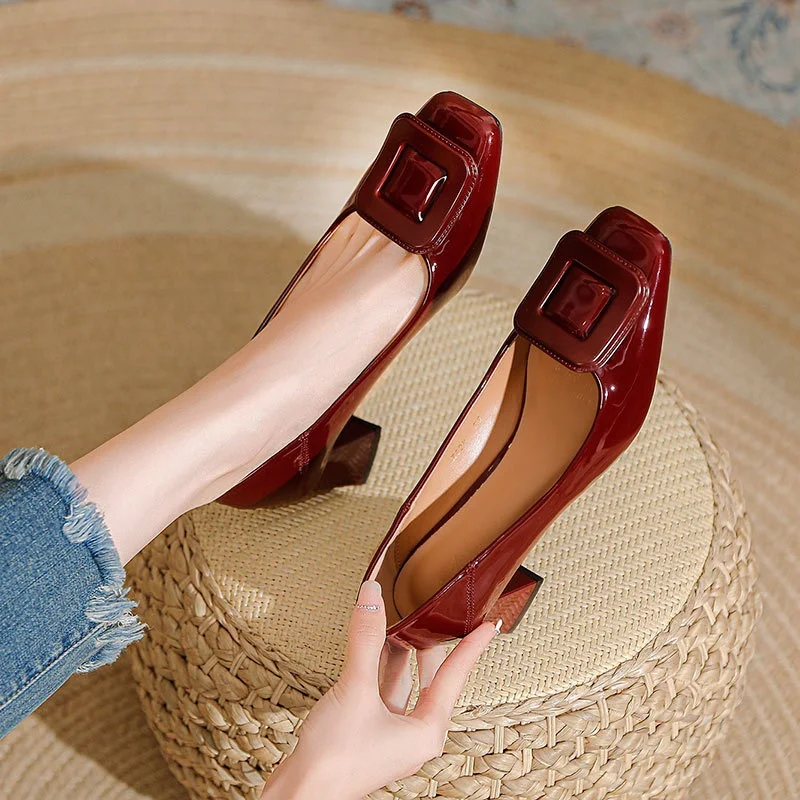 New Shoes Plaid Autumn Lady Short Heel Pumps European and American PU Leather Ladies Shoes Square Toe Party Shoes For Women S062