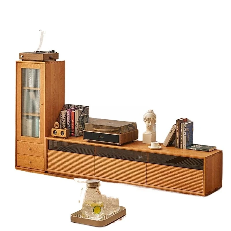 

Nordic solid wood log TV cabinet, glass Japanese simple modern audio and video cabinet, cherry wood living room small apartment