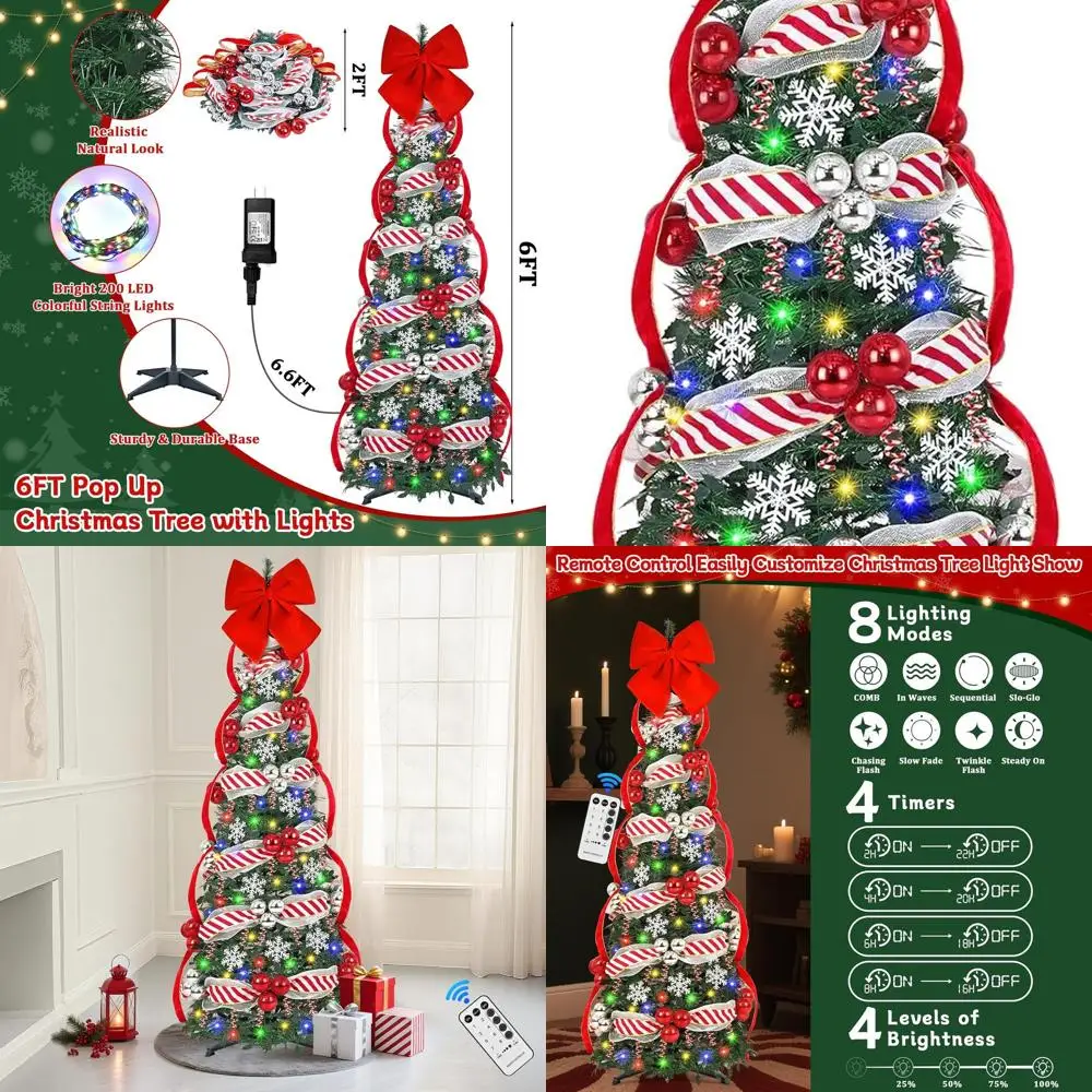 

Складная искусственная рождественская елка на 6 футов с 200 светодиодными лампами и пультом дистанционного управления, праздничный декор с лентами и орнаментом