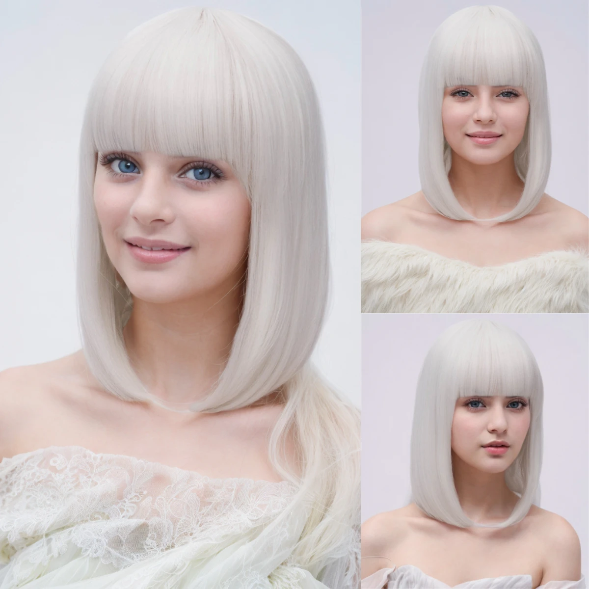 

Женские синтетические короткие прямые белые парики боб с боковой челкой для женщин, повседневные косплей-вечеринки, термостойкие искусственные волосы
