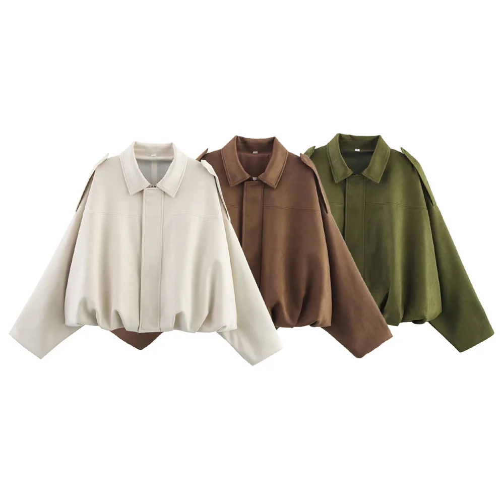 

BMURHMZA women's new style lapel long sleeved casual versatile suede texture workwear pilot jacket short solid color top