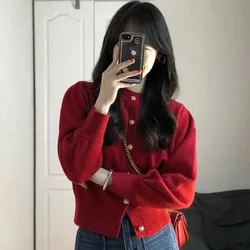 Red O Neck Cardigan Sweater Women New Autumn Winter Fashion Preppy Style Slim Knitted Coat Korean Harajuku Vintage Female Tops
