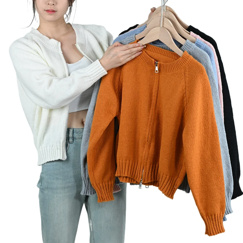 

Women Vintage Solid Color Coat Female Long Sleeve Round Neck Knitted Sweater Jacket Spring Ladies Casual Zipper Sweater Coats
