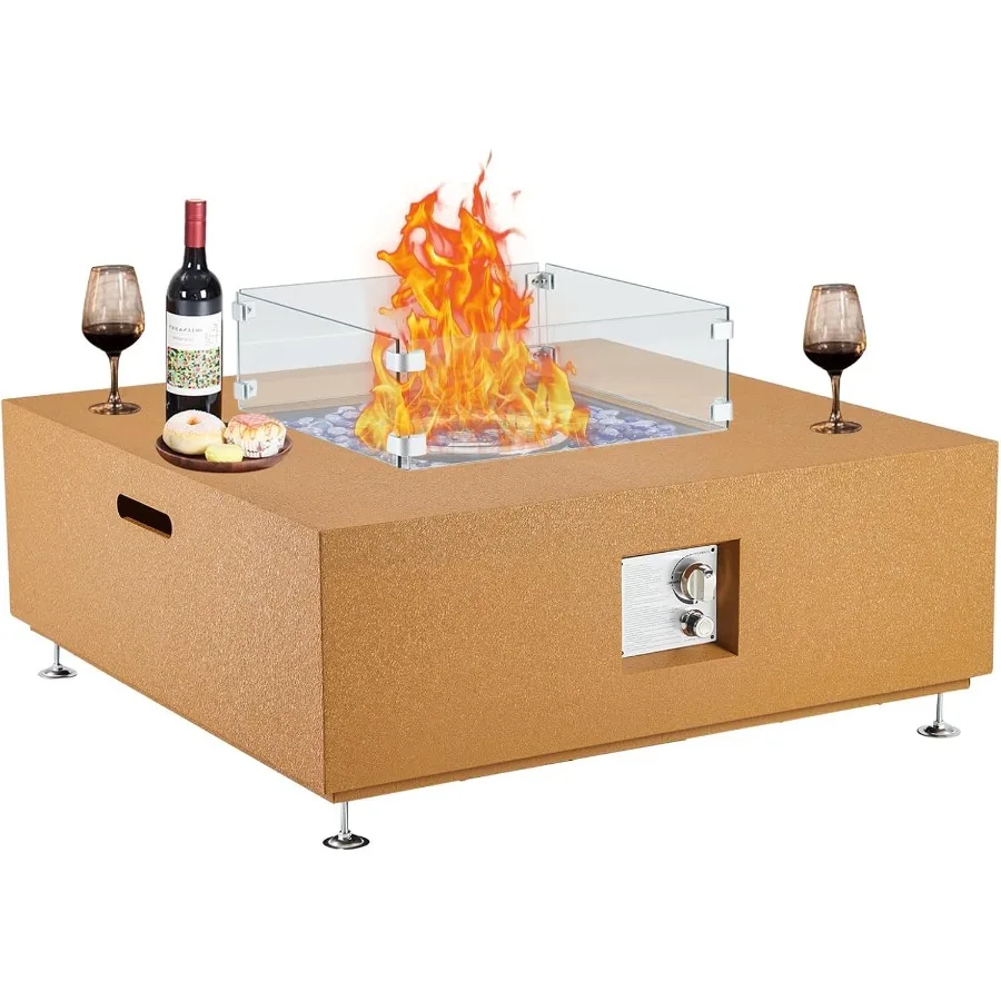 

36 Inch Rectangular Propane Fire Pit Table with CSA Certification 50 000 BTU Outdoor Fireplace Featuring Wind Guard Glass Prote