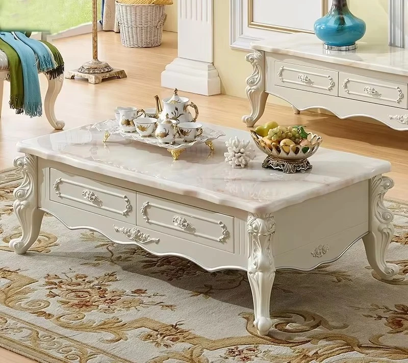 European Style Modern Coffee and Tea Table Set Simple Carved Long Table for Small Apartment Living Room Wood Panel Design