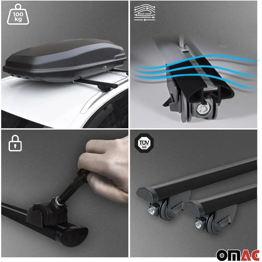 Robuste Dachträger-Kreuzstangen für Auto, SUV, LKW, mit 220 Pfund Tragfähigkeit, schwarz, 2 Stück, abschließbares Design, passend für bündig montierte Dachr