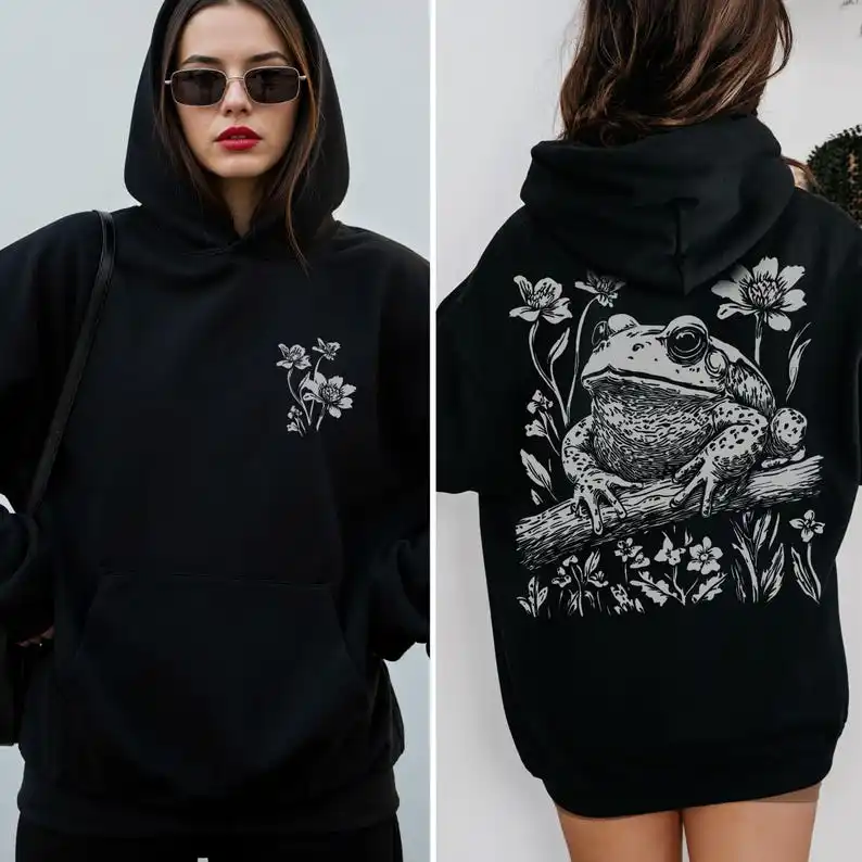Folklore Forest Toad Hoodie Linocut Print Cottagecore Nature Sweatshirt Floral Frog Flowers Boho Hooded Sweater Streetwear