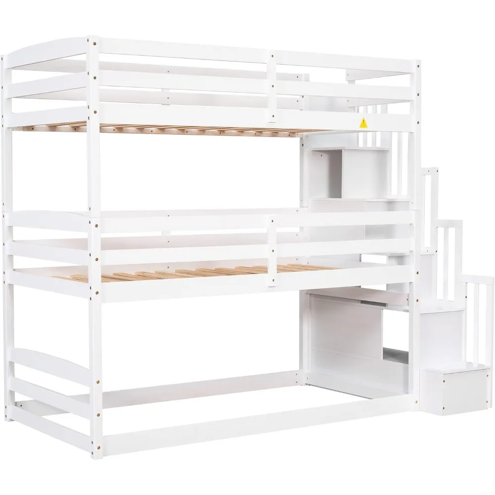 

Modern Twin Size Triple Bunk Bed with Stairs and Storage,Solid Wood Twin Over Twin Over TwinBunk Bed Frame for 3 Kids Girls Boys