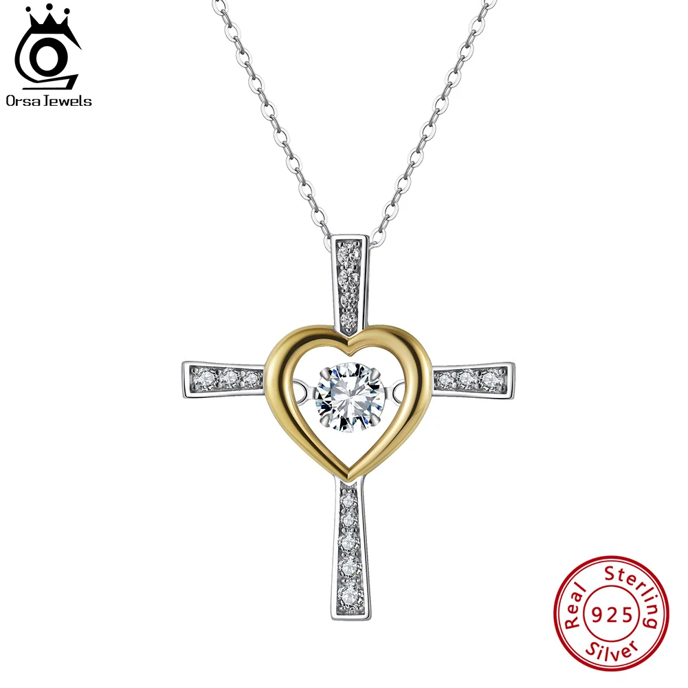 

ORSA JEWELS Dancing Stone Sterling Silver Cross Pendant Necklace for Women Trendy Pendant Anniversary Jewelry Gift SN350