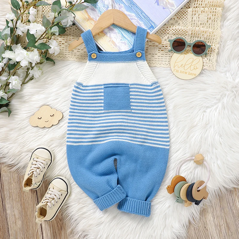 Blaue Baby-Strampler-Kleidung, lässig, ärmellos, gestrickt, für Neugeborene, Jungen und Mädchen, Träger-Overalls, 0–18 Monate, Ein-Stück, Säuglings- und Kleinkind-Playsuits