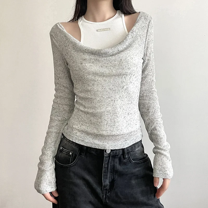 Retro slim-fit vest pile collar design sense two-piece top women 2023 slim-fit off-the-shoulder knitted long-sleeved T-shirt