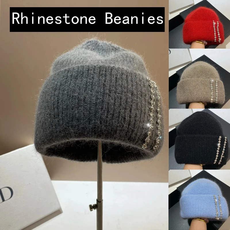 Luxury Rhinestones Fashion Women Winter Hats Real Rabbit Fur Wool Skullies Beanies Knitted Hat Lady Warm Walking Bonnet Cap