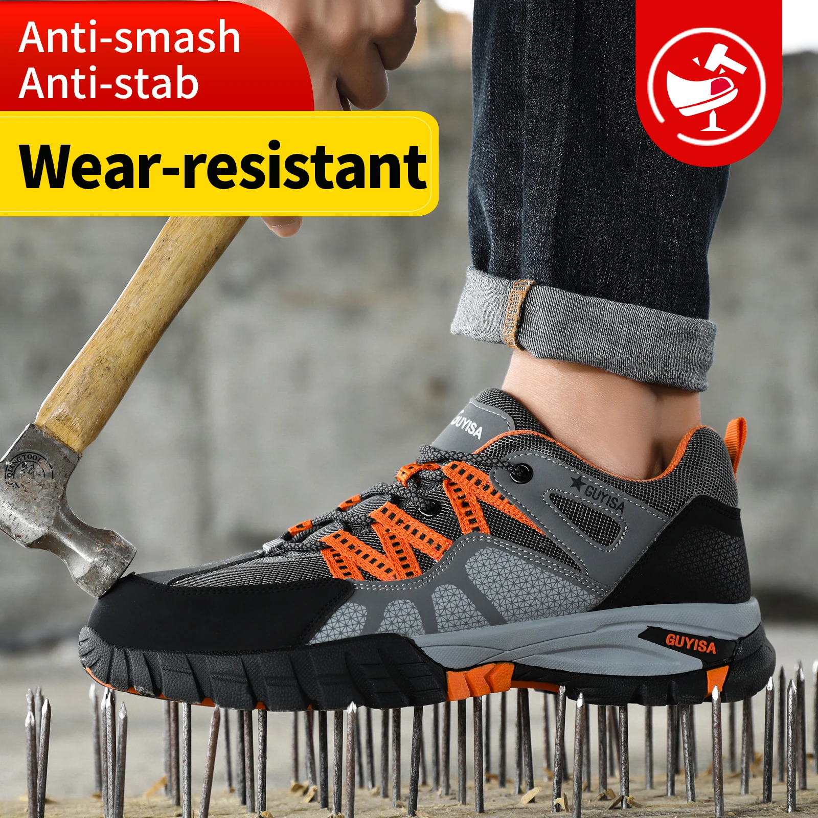 GUYISA Men's work shoes with anti smash and anti stab rubber sole, fashionable style