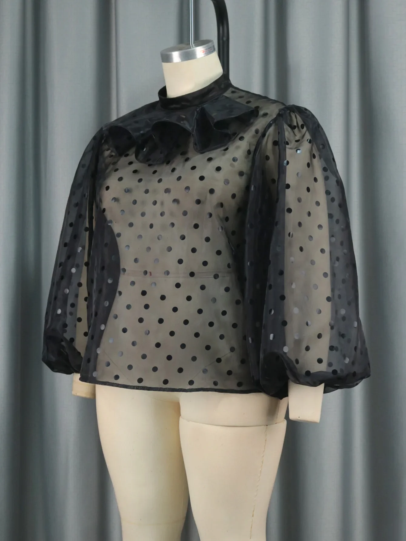 Black See Through Tops Long Sleeves Polka Dot See Through Ruffles Blouse Shirts Summer Fashion Clubwear Night Out Sexy Bluas