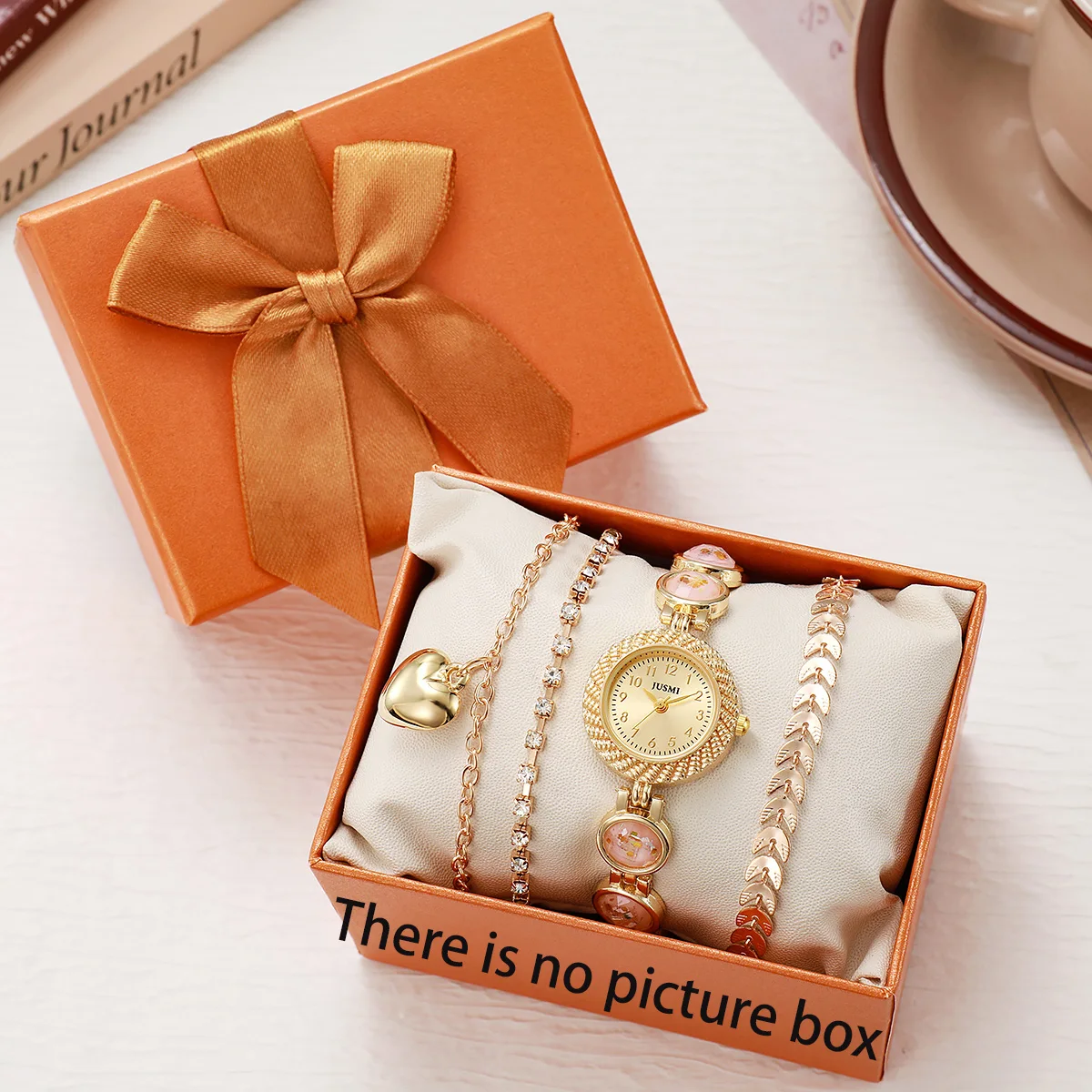 

Женские милые стильные золотые кварцевые часы, часы из четырех частей + браслет + комплект с подвеской, элегантные роскошные часы
