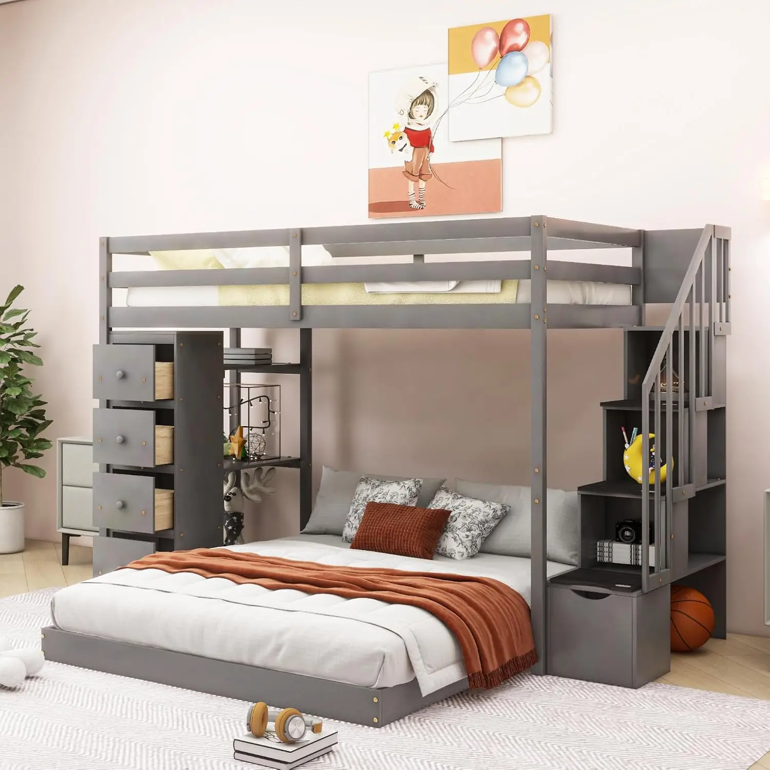 Twin Over Full Bunk Bed Frame with 3-Layer Shelves,4 Drawers and 3 Storage Stairs for Boys and Girls,Grey