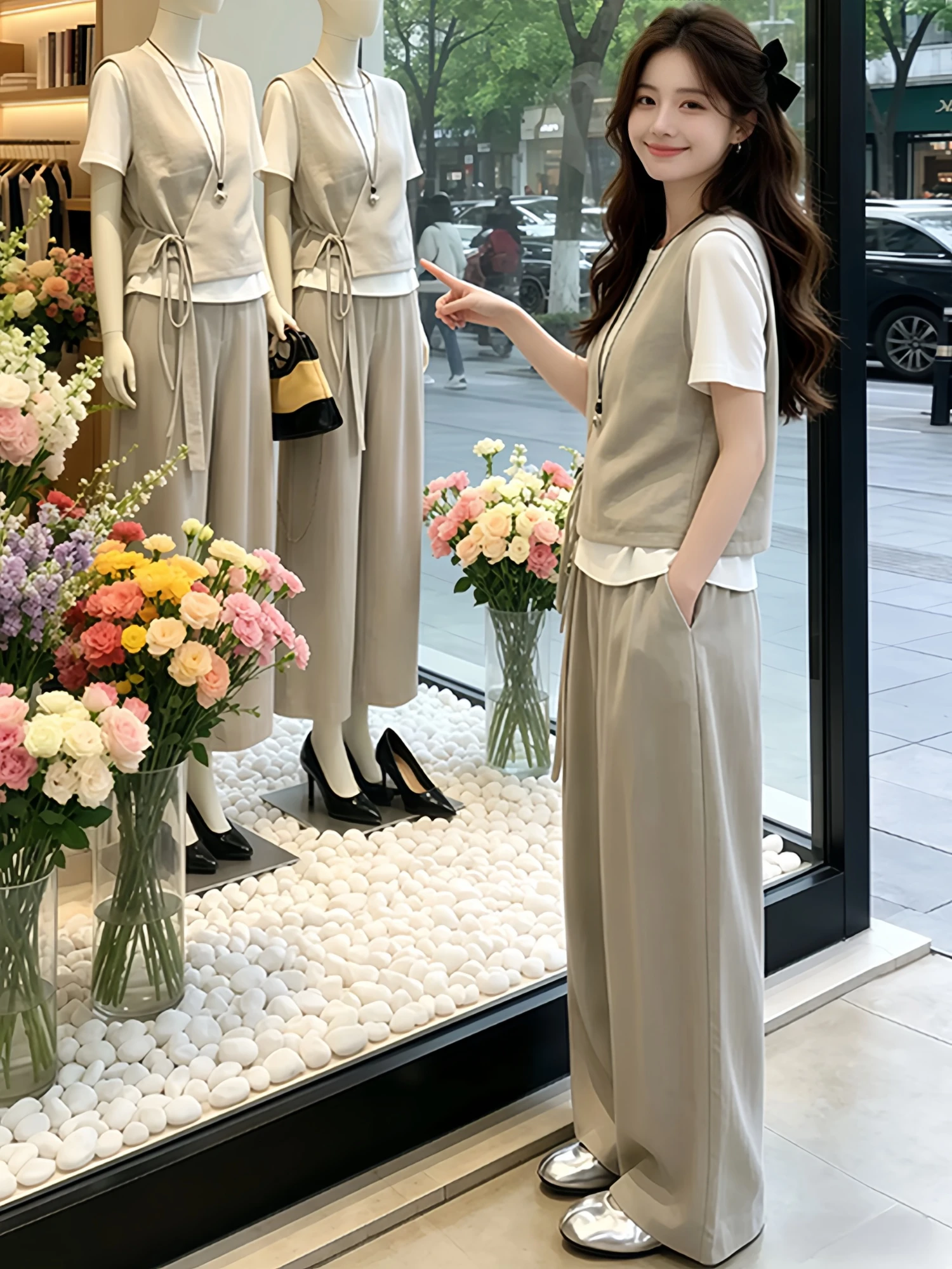 

Summer Beautiful Casual High Waist Belted Short Sleeve T-Shirt And Wide Leg Pants Fashionable Two-Piece Set for Women