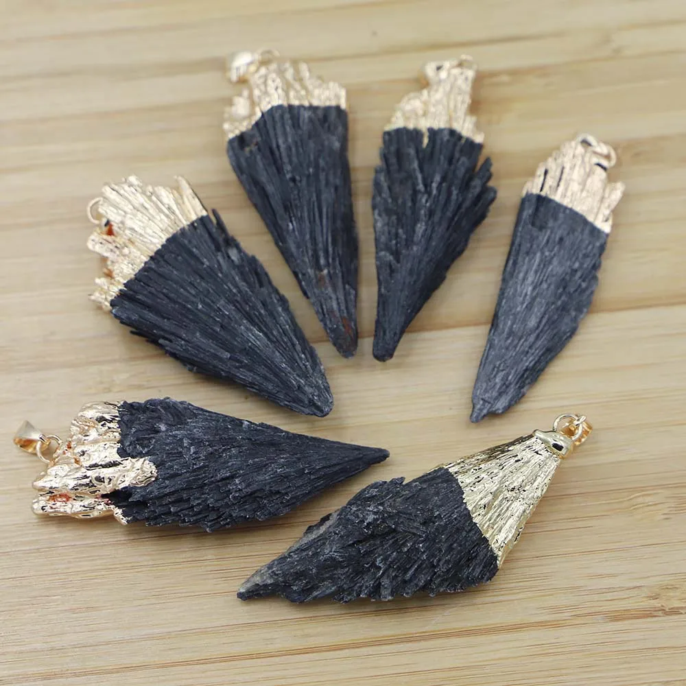 6PCS Natural Black Tourmaline Raw Stone Fan Pendants Charms Healing for Necklace Jewelry Making Wholesale 6Pcs