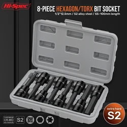 Hi-Spec 8pc 1/2 Extra Long Hex Bit Socket Set Socket Adapter Tool H4-14mm For Torque Socket Wrench Hex Torx With Grey Case