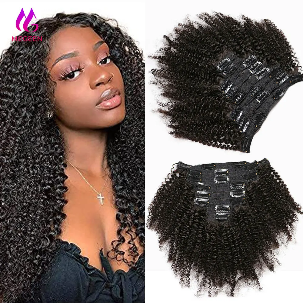 

Megeen афро кудрявые накладные волосы на клипсе, человеческие волосы, натуральные человеческие волосы для наращивания, монгольские кудрявые накладные волосы