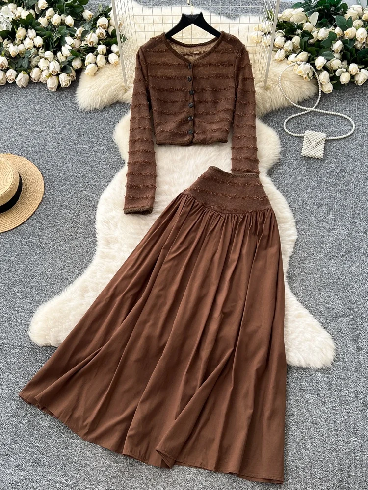 

Милый вязаный открытый кардиган, топ и юбка с высокой талией, комплект из двух предметов для женщин, ранняя осень, нежная повседневная рабочая одежда