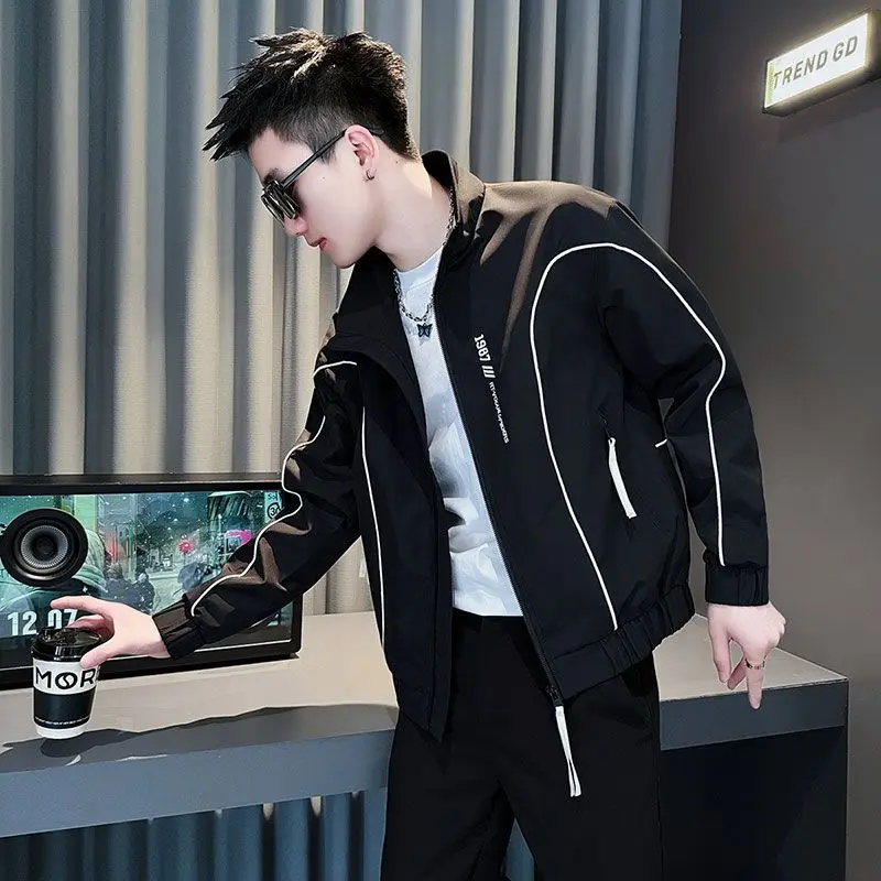 

High-End Fluorescent een Men's Jaet Stand Collar Spring Autumn Trendy Brand Haome Snapba Polyester Long Sve Zipper