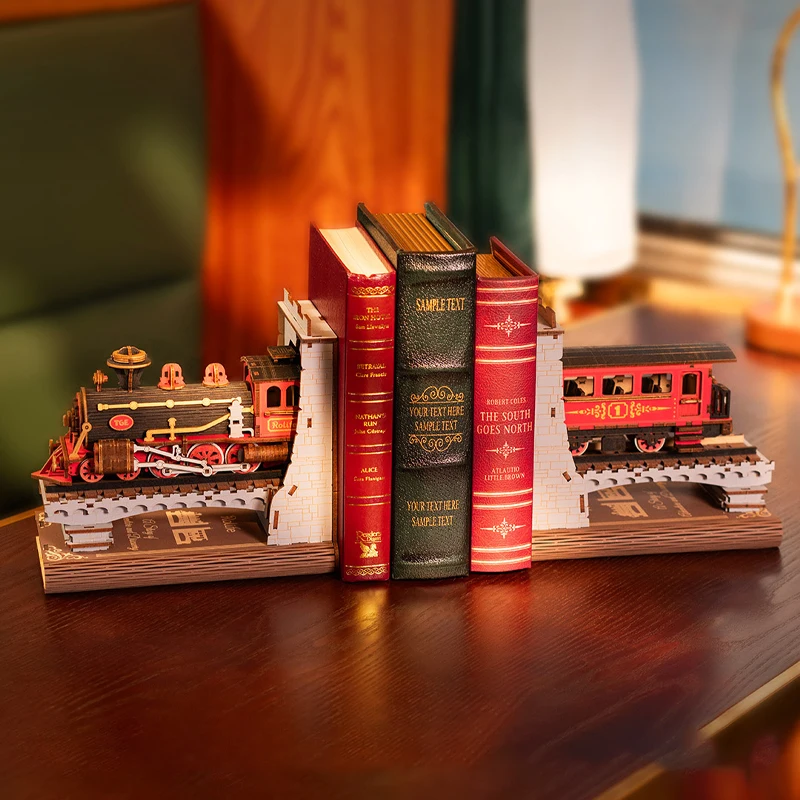 Animação dos desenhos animados livro país trem blocos de construção de madeira montado bookend brinquedo modelo 3d quebra-cabeça adulto presente aniversário periférico