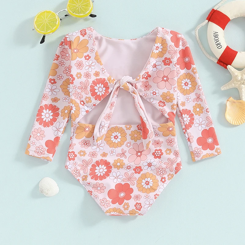 0-4 Years Kids Baby Girls Swimsuit Bikini Backless Sun Protection Cute Tie-Up Flower Print Swimwear Suit Fashion Beach Wear