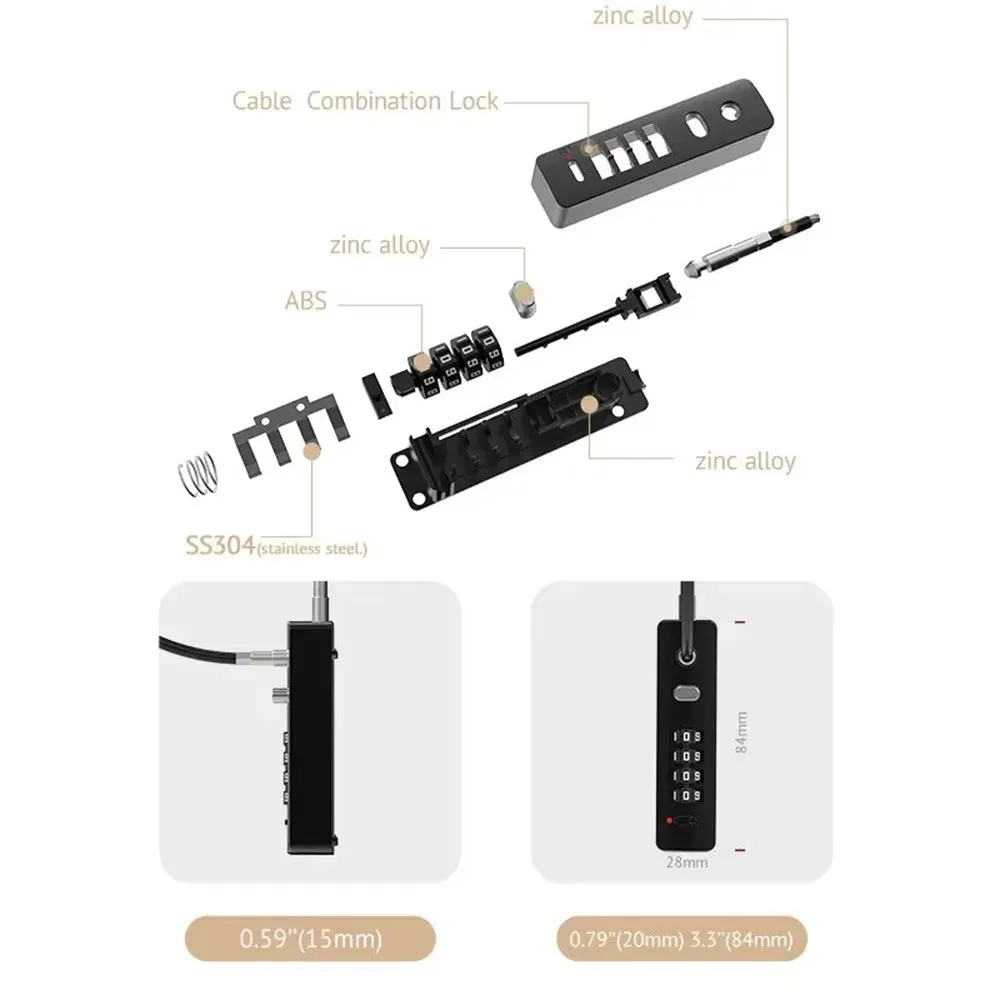 Cadeado com senha de combinação de 4 dígitos, à prova d'água, corda longa, bloqueio de cabo, anti-roubo, código reajustável, acessórios de hardware para armário de porta