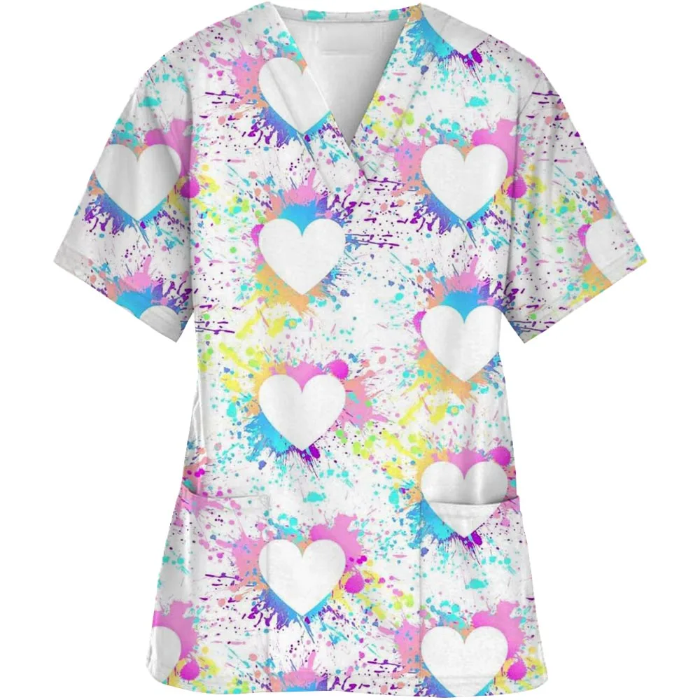 Wholesale Nursing Scrubs Sexy lip print Uniforms V-neck Short Sleeved Fashionable Nursing Uniform Tops Beauty Spa T-shirt New