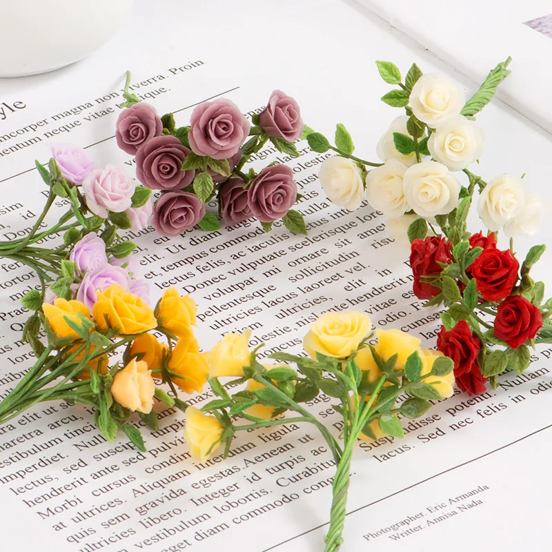 Artificial Plastic Cloth Miniature Simulation Flowers 63mm Silk Roses Tulips Small Flower Fake Plant Wreath Model Decoration