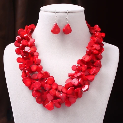 Fashion Natural Water-drop Red Coral Necklace Earring Set Exaggerated Woman Jewelry 18