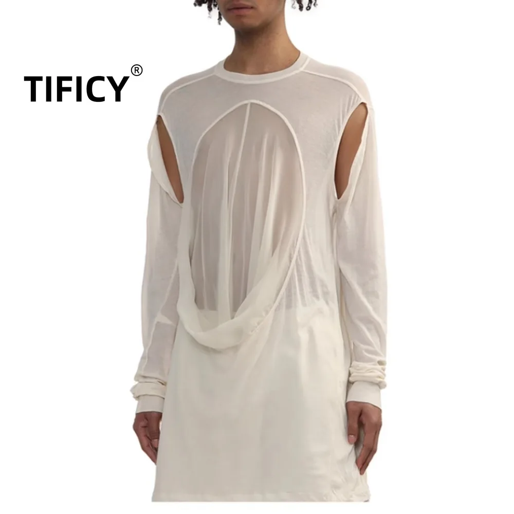 Dark RO Men's and Women's Long Sleeved T-shirt Casual Round Neck Tees Deconstructive Hollow Out Slightly Transparent Base Top