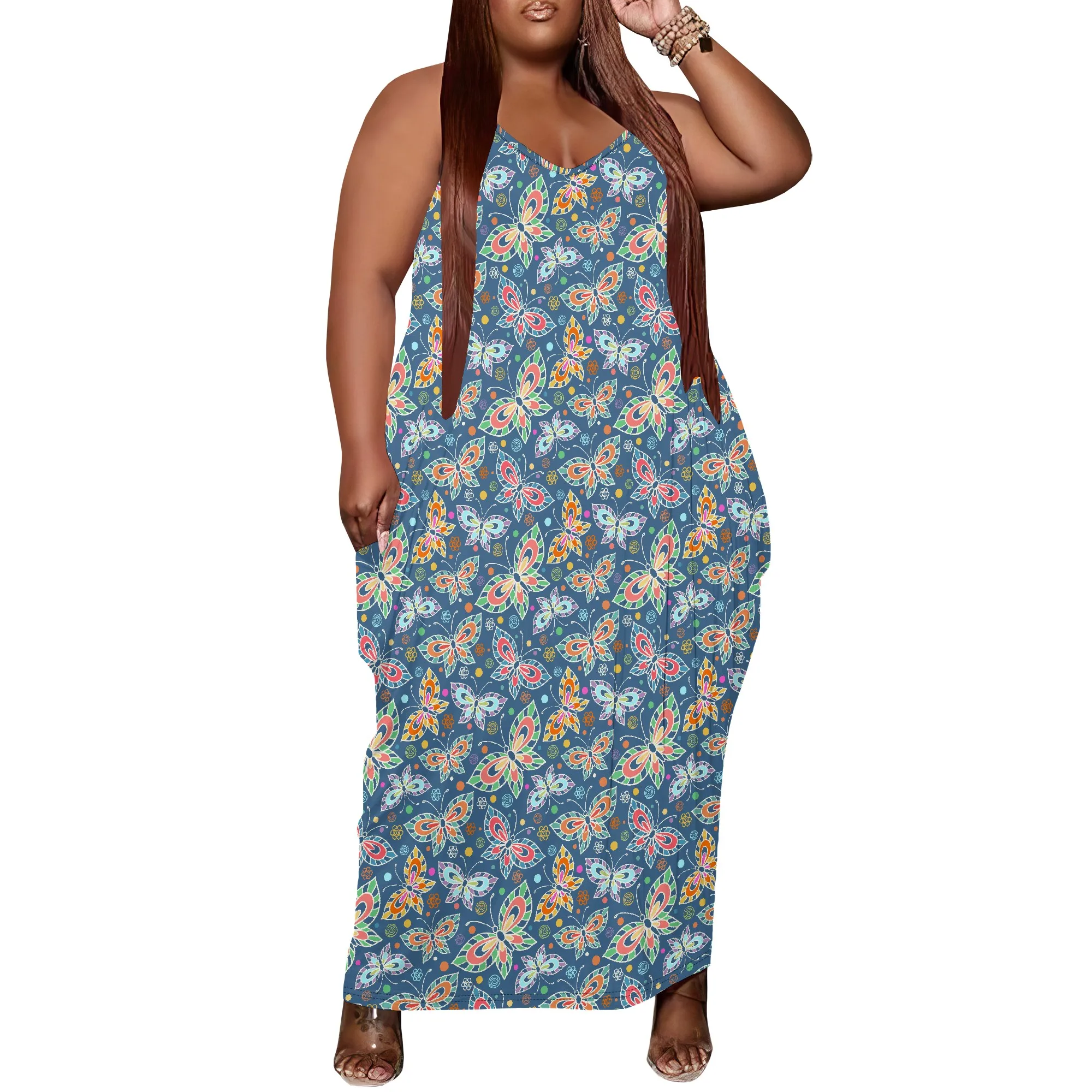 

Women's Plus Size Dress Loose Strap Long Dress with Pocket Stretchy Casual Butterfly Print XL-6XL​