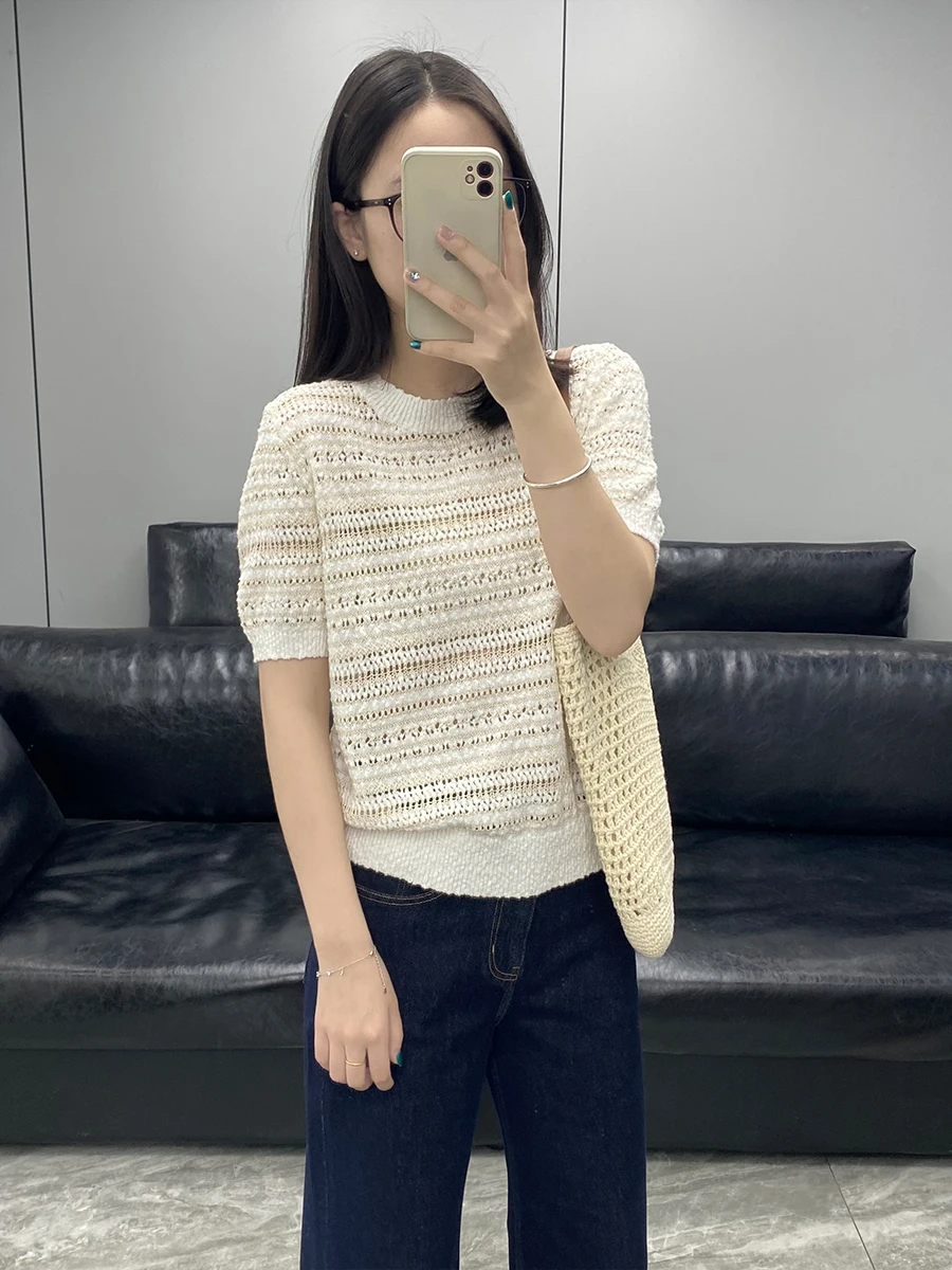 

00% Cotton Hollow out ort Sve Knitted Sweater Women's Loose round Ne Pullover Gold Tead Splicing T-irt Top