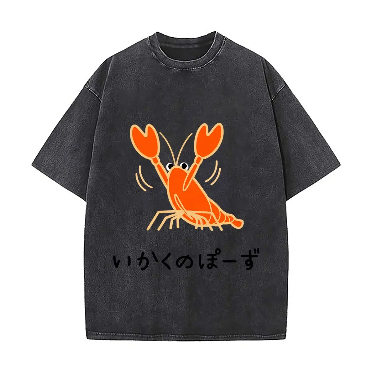 Funny Crayfish Ikaku No Pose Japanese Cartoon Vintage Distressed Loose Streetwear Tops for Campus Days