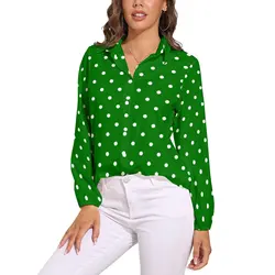 White Polka Dot Loose Blouse Christmas Green Korean Fashion Oversize Blouses Woman Long Sleeve Pretty Shirt Spring Printed Top