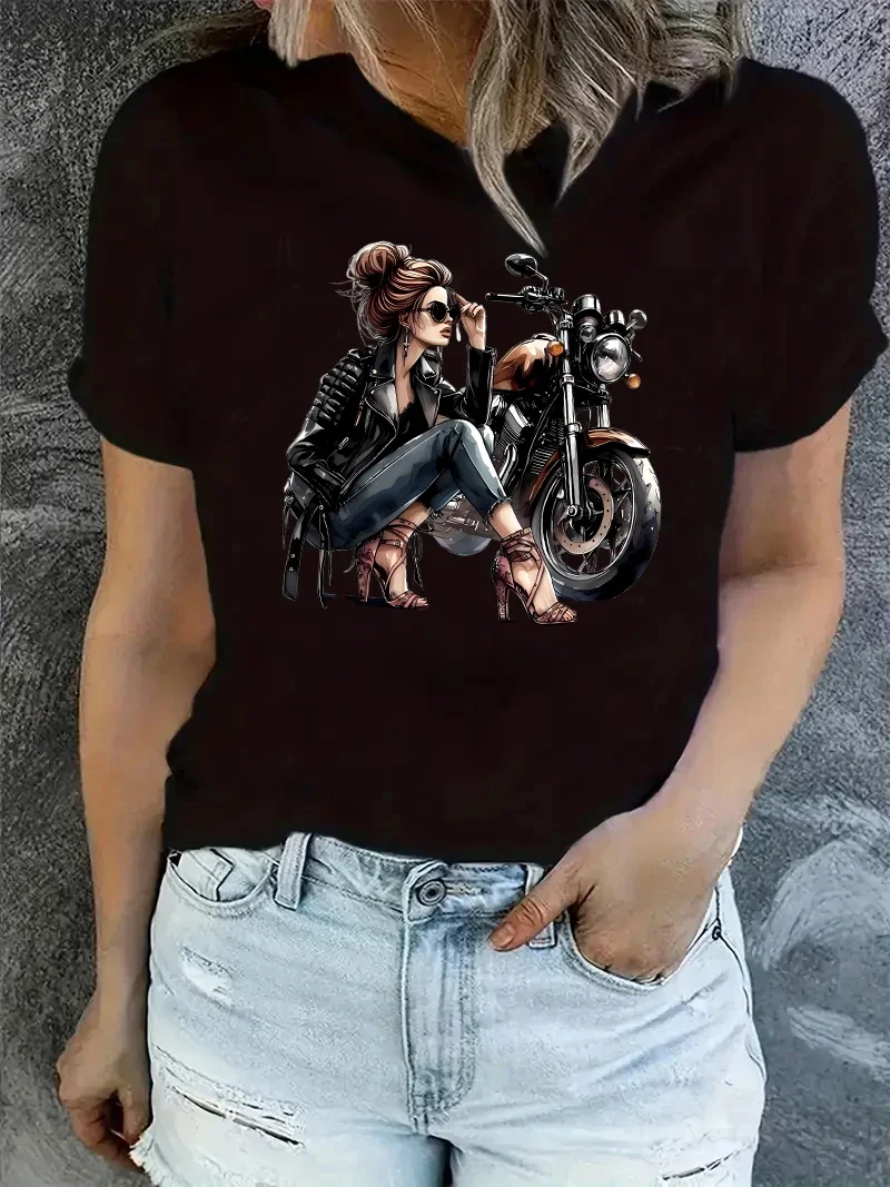 Retro Motorcycle Women Print T-shirts 2000s Gothic Women's Casual Short Sleeve Clothing Aesthetics Women's Y2k Oversized T-shirt