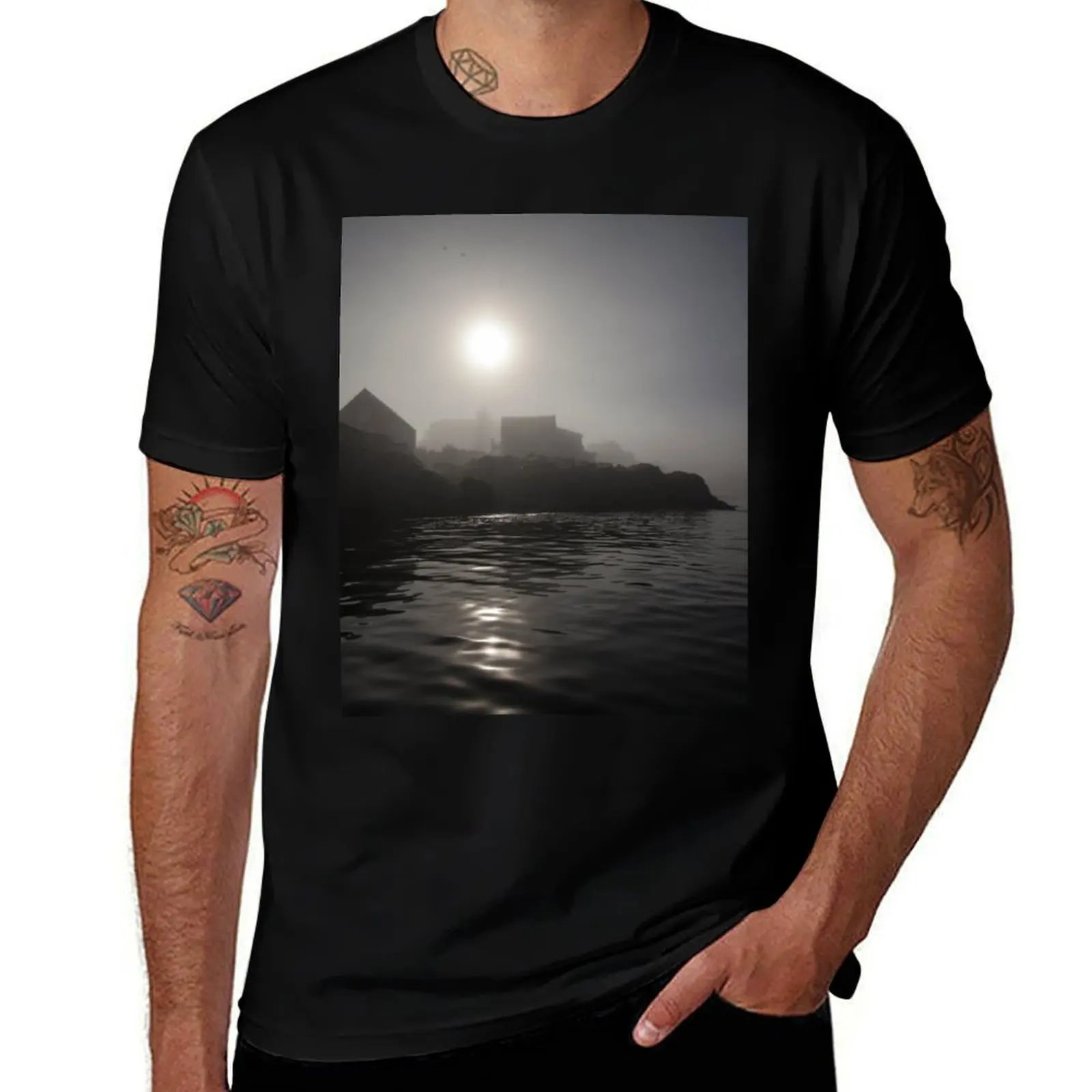 

Foggy harbor sunrise at Monhegan Island Maine T-Shirt t shirts for man cotton funny cotton tshirt 100%