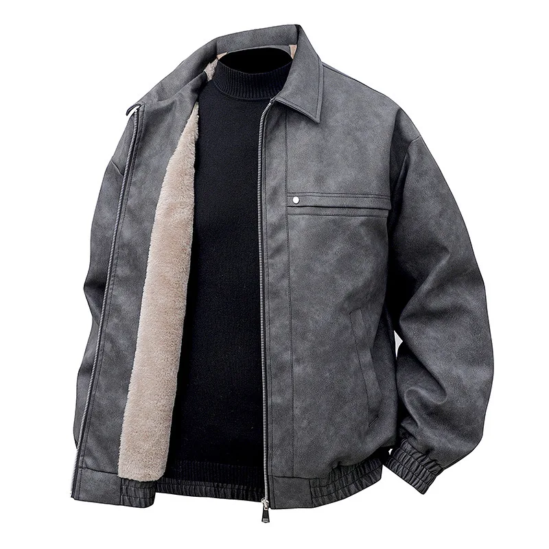 

Retro Warm Lapel Leather Jacket for Men, Winter Fleece-lined Cool and Stylish High-street Motorcycle Leather Coat