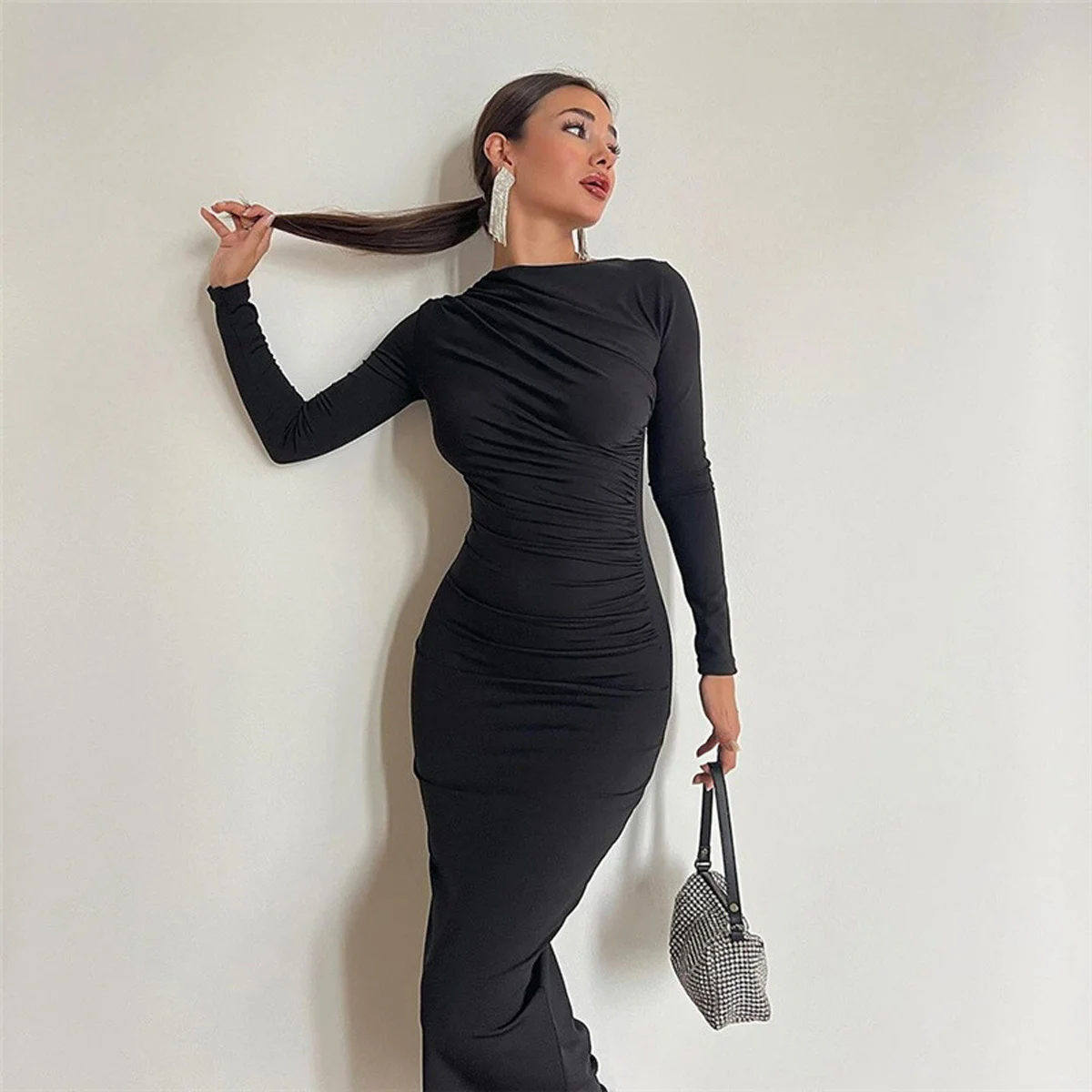 

Autumn Winter Women's New Slim Haute Couture Dress Women Solid Color Temperament Long Skirt Package Hip Sexy Spice Dress