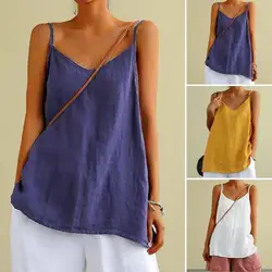 Women's Summer Top Cotton Linen Spaghetti Strap Top Women Halter V Neck Basic Yellow Sleeveless Tank Tops Loose Casual Camis