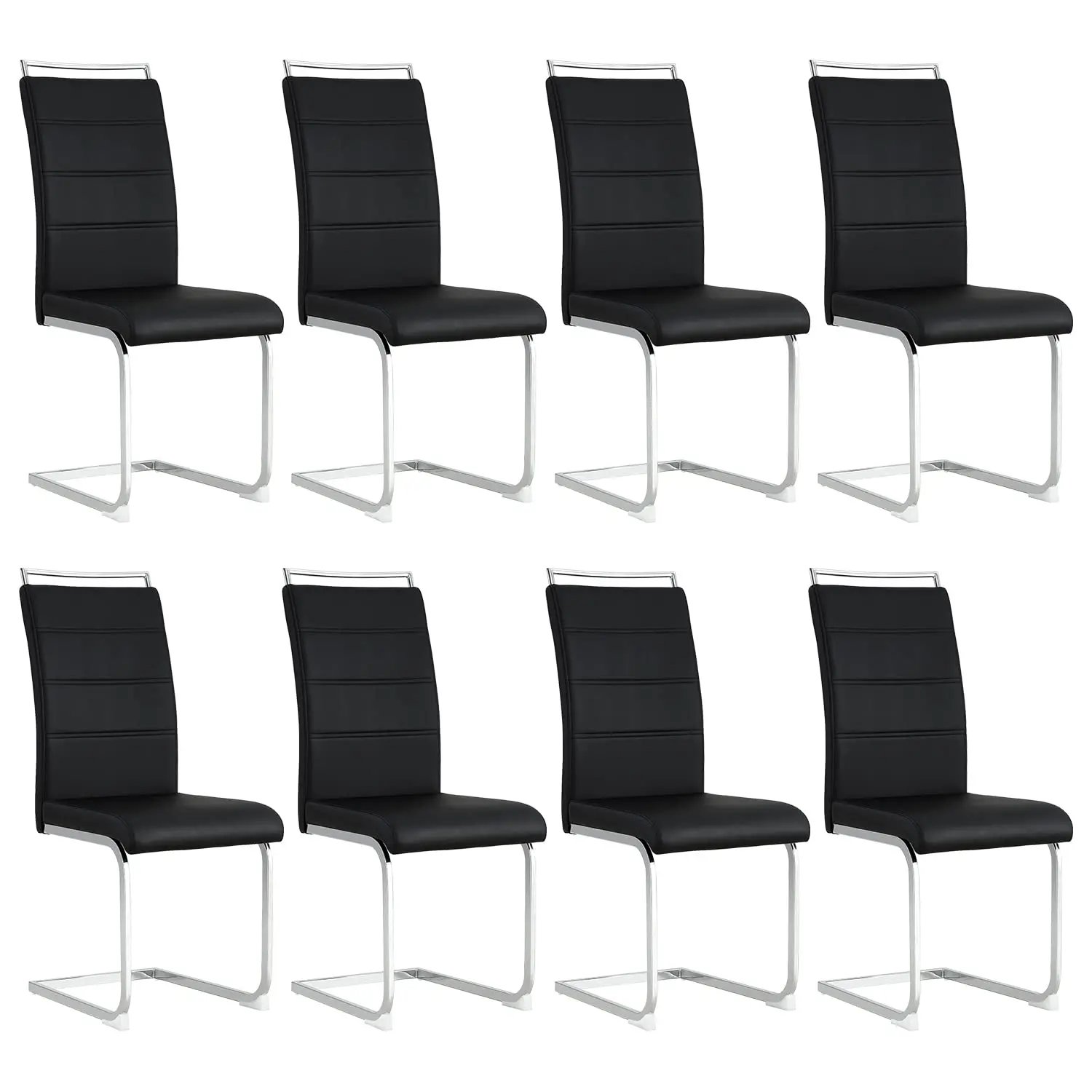 Dining Chair Set of 8 PU Leather High Back Upholstered Stripe Backrest Kitchen Living Room Black Silver Leg, Customized